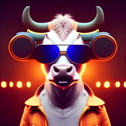 Cow toddler, smile, steampunk headphone, sunglass, gangsta neckless, full body, orange puffer jacket, tokio background, dramatic lighting, hyper realistic, unreal engine 5, 16k