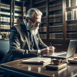 An old man in a classic suit is using a laptop in a modern library with a coffee cup, a cat and a vase next to him