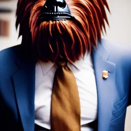 Chewbaca in a suit, analog photography, professional lightning