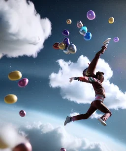 Ultra realistic speed clouds sky scene, wide angle view, strong men falling down with many Childs, circus clothing style, feather color clothing, free jumping flying, many trinkets, hair monster, many jelly beans, balls, color smoke, smile, happy, extreme, wind, clouds sea, 20,000 feet altitude, stratosphere, soft color, highly detailed, unreal engine 5, ray tracing, RTX, lumen lighting, ultra detail, volumetric lighting, 3d, finely drawn, high definition, high resolution.