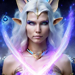 cosmic mage, elf, female, battle mage, epic, cosmic magic, long ears, white hair, face details, pale skin, jewellery, broad shoulders, glowing eyes, sharp ears, cosmic clothes, bright eyes, cosmic eyes, ears shown, light out of eyes, the cosmos in eyes, stars in eyes