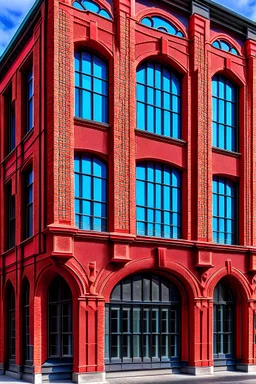 an old building with 3 floors and large colored glass façade and red curtain behind its windows. The façade walls are composed of decorating clay bricks with no attic on the roof. a perspective view is recommended.