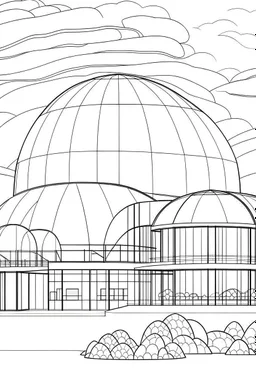 "Bio-Dome Villas: Sustainable Living in a Futuristic Hotel Setting." each unique, flat vector, full view, only draw lines, clean line art, –no sketch, white background, minimalistic black lines, minimal black color, coloring page, thin black line art, perfect shape, perfect clear lines,