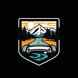 logo for a shop that installs tires and does oil changes, elements of beautiful park drives and gasoline engine insides. all inside a shield shape with squared top and rounded bottom, in the style of national parks stickers