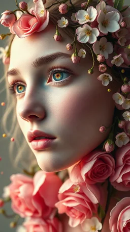 "A surreal metamorphic portrait of a human face transforming into blooming flowers. The skin slowly becomes soft petals, eyes dissolving into vibrant floral cores, lips unfolding like rosebuds. Hair turns into vines and blossoms, with pollen floating in the air. Soft lighting, pastel colors, ethereal and dreamlike, ultra-detailed, fantasy surrealism."