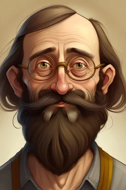 A man with an oval-shaped face. He has long hair, bald at the top. He has a 3-centimeter beard. He wears prescription glasses, small eyes inside them, and flattened ears. His appearance is almost funny, a real appearance.