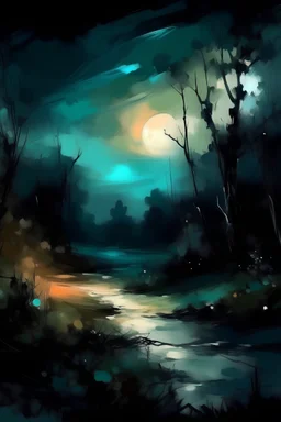 A melancholy and chaotic night landscape, brush strokes