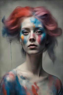 An exaggerated photo of a woman, only the hair has been roughly painted over with thick paint