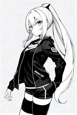 blonde girl with ponytails dressed in a jacket and shorts walks proudly, greyscale