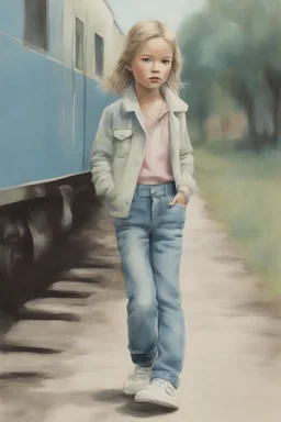 Illustration of kate moss as a toddler, in a train,jeans, in the yard , ,style of Marcel Marlier, pastel colors