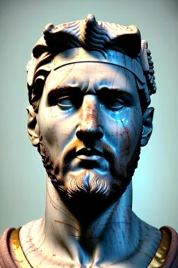 Ultra Realistic image, classical renaissance sculpture, white marble material, Lionel Messi, emperor style, gold Laurel leaves crown, miguel angel style, chisel style, emperor, waist up portrait, epic, celestial, cinematic lighting, God light, god rays, 4k resolution, smooth details, ornate details, soft lighting, unreal engine 5, sky background.