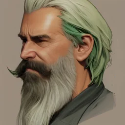 "MIddle aged white human male, with a trimmed but uneven beard, piercing green eyes with slick back hair head and shoulders portrait, 8k resolution concept art portrait by Greg Rutkowski, Artgerm, WLOP, Alphonse Mucha dynamic lighting hyperdetailed intricately detailed Splash art trending on Artstation triadic colors Unreal Engine 5 volumetric lighting Splash art fantasy"