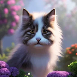 pixar style, volumetric summer garden environment and background, volumetric lighting, dramatic lighting, realistic painting of an cat, looking excited, detailed digital painting, extreme dense and fine fur, anime, ornate, colour-washed colors, elegant, small minutiae, tiny features, particulars, centered, smooth, sharp focus, renderman gofur render, 8k, uhd, detailed eyes, realistic shaded volumetric lighting, sunlight caustics, backlight, centered camera view