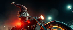 style John Atkinson Grimshaw,3d airbrush render, cut out darkling slender gnome on huge chopper bike with bright aura , pinhole cam, airbrush 3d rendering, torn edges on helmet border