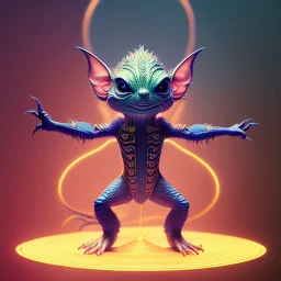 yoga gremlin artist, maze background ,chain levitated, levitated lab equipment, 4k, Highly Detailed, Masterpiece, perfect eyes, Digital Illustration, Cinematic Lighting, Realistic, Sharp Focus, Centered, Beautifully Lit, Bioluminescent by Stanley Artgerm Lau