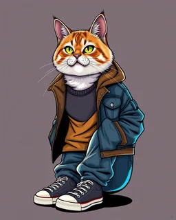 Vector illustration of anthropomorphic cat, with jacket, jeans and tennis shoes. Ultra quality, hyper detailed, work of art