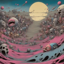 wave after wave of demented avengers march cheerfully out of obscurity into the dream, terminal shock || Horror Pink Floyd tribute, surreal, dramatic, depth of field, by Basil Wolverton and Gerald Scarfe and Squeak Carnwath, violent colors, sharp focus, glorious grotesque landscape