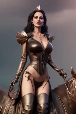 busty evil queen in leather gown, riding a horse, cleavage, angry, stern look, unreal 5, octane render,cinema4d, dynamic lighting, dramatic lighting, 4k, redshift render, highly detailed, hyper realistic