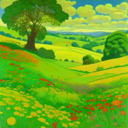 A green grassy plain with flowers painted by Paul Ranson