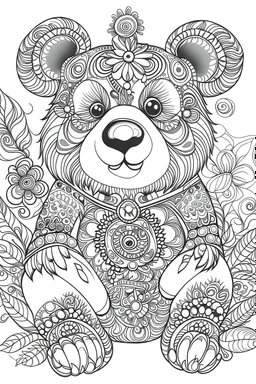 Outline art for coloring page, HIPPIE TEDDY BEAR, coloring page, white background, Sketch style, only use outline, clean line art, white background, no shadows, no shading, no color, clear