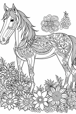 outline art for horse coloring pages with horse and flowers, white background, Sketch style, full body, only use outline, clean line art, white background, no shadows and clear and well outlined