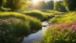 Beautiful realistic rural landscape, warm sunshine, lush plant growth, flowers, brook, peaceful, delightful, idyll, award-winning photograph, detail, beautiful composition, attractive colour, chiaroscuro, rule of thirds, human habitation