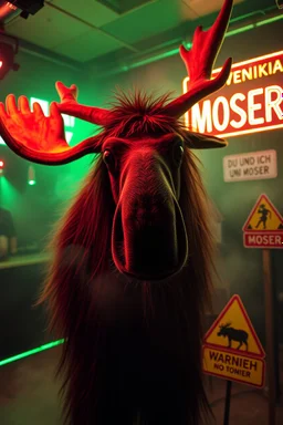 An big female moose with big eyes "Veronika Moser" performing at dance club, her name is "Moser" HAIRY FRUITS EVERYWERE On stage, Green Neon lights and smog, and "VERONIKA MOSER" big sign on the wall, "DU UND ICH UND MOSER" red plate sign, Swedish Yellow warning sign with moose