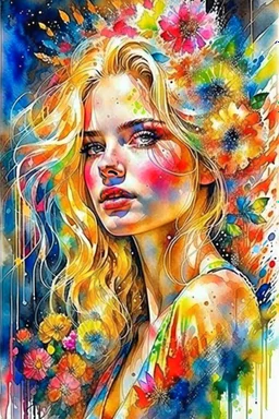 Gorgeous wet look watercolour, a beautiful sensual blond blonde woman, beautiful late summer flowers, colourful, enchanting, wet on wet, silver and gold drops, sparkling lights, winning, intricate, beautiful, gorgeous by Yossi Kotler,