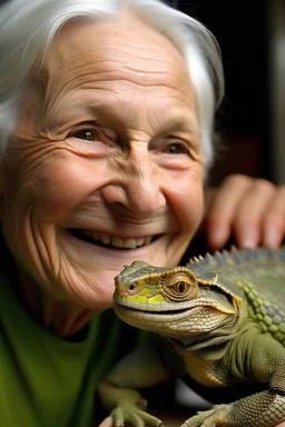 woman of early retirement age with a lizards smile