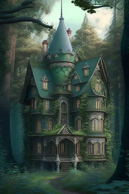 victorian fantasy house surrounded by forest