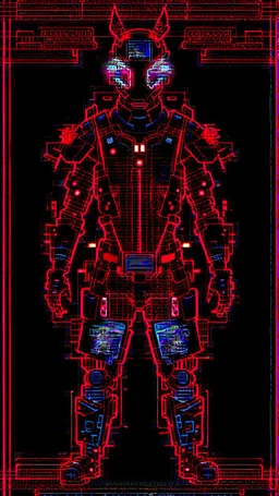 dibujo de contorno de un Samurái negro y rojo con traje cyberpunk full body