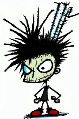 2d drawing of a stickman, cool with punk hair, x eyes like in hangman, flying, 3d realistic in colour