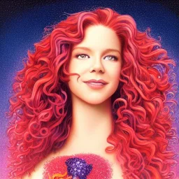 teen Robyn Lively, her striking perfectly detailed clear eyes, her perfect, precisely detailed lightly freckled face, meticulously detailed long curly multi-hued ginger carrot cherry fire red hair, luminous colorful sparkles; by james r. eads, gawki, rajewel, tania rivilis, dan mumford, lisa frank, artgerm, greg rutkowski, alphonse mucha and william-adolphe bouguereau; glitter, airbrush, octane render, volumetric lighting, 16k, photorealistic digital painting, artstation, smooth, sharp focus