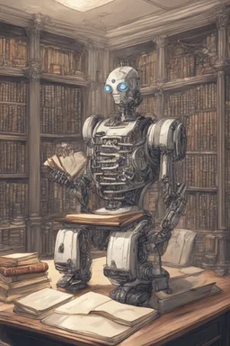 A huge library is serviced by computers, and there are many books on the shelves. The robot is sitting on a chair at the table and holding an antique book in his hands. Expression. High-quality drawing, 8K