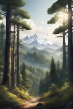 a realistic forest with beautiful views and mountains