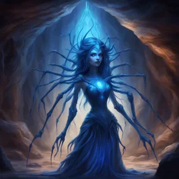 Arachne glowing blue, in magical art style, background cave