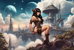 exotic sci-fi steampunk pin-up girl, with long dark hair with bangs, on an alien planet with cloud trees, tall spires, buildings, bridges, arches, photorealistic