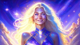 Full body portrait of a peaceful smiling gorgeous blonde Goddess of the galaxies with a blue indigo purple skin, high skul, luminous eyes in a galactic sunset