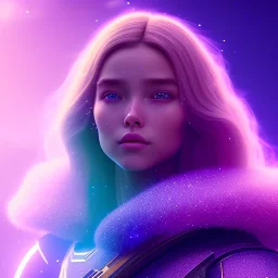 A portrait of a crystalline girl,smiling, longs blond hairs, galactic costume, atmospheric, realistic, cinematic lighting, octane render, purple and blue sky, nebula, stars, planets