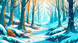 fantasy cartoon style illustration: forest path in winter with snow