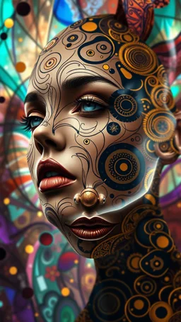 A digital artwork of women face adorned with intricate patterns and designs. The figure's face is covered in swirling lines, circles, and other abstract patterns in hues of mocha, navy and gold.The background is a colorful glass , with abstract patterns that complement the figure's design. The overall ambiance of the image is dreamy and surreal.