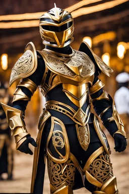 Full body photography,front_view,power ranger looking at viewer,traditional dress ornaments mechanical_armor,intricate armor, delicate golden filigree, intricate filigree, black metalic parts, detailed part,desert background, dynamic lighting