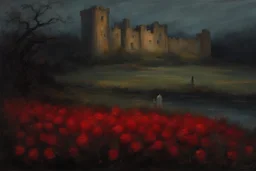 red flowers, distant old castle, night, autumn, one person, dark horror gothic movies influence, disturbing, bernard van beek and alfred munnings impressionism paintings