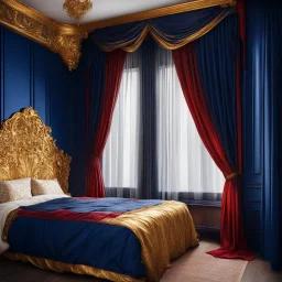 Bedroom in midnight blue, red and gold. A wide old bed and a large window with curtains