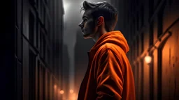 a young man standing looking at a high wall, face,high detail, smooth render, city scenery, many peple, down-light, orange dark winter, ar 16:9