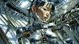 A digital photo by Hajime Sorayama of a beautiful cyborg girl inside a futuristic matrix.