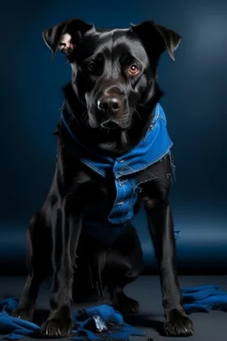 Evil, vicious black dog in blue torn pants