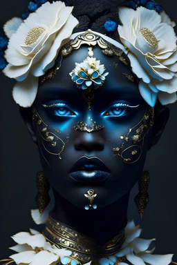 Beautiful faced young ancient Troyan vantablack lady adorned with Troyan Empire style decadent vantablack dark techno white and light blue colour star rose and white floral and vantablack colour gradient ancient Troyan gold flower, black floral, with half face metallic etherialism vantablack Troyan and white ancient Troyan ornated masque wearing ancient Troyan ornated beautiful beads, pearls costume organic bio spinal ribbedd detail of Troyan background extremely detailed hyperrealistic portrait