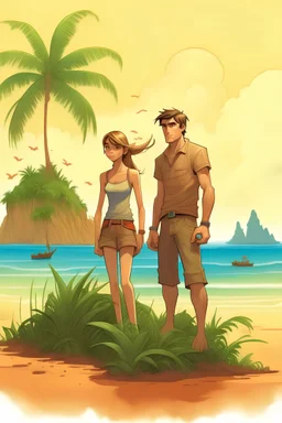 Shipwrecked young man and woman on a deserted island. Book cover.