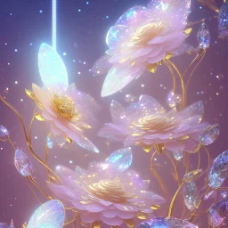 one big crystal subtle flower in a galactic ambiance with a beautiful fairy, transparent petals, delicate colors, in the foreground, full of details, smooth，soft light atmosphere, light effect，vaporwave colorful, concept art, smooth, extremely sharp detail, finely tuned detail, ultra high definition, 8 k, unreal engine 5, ultra sharp focus